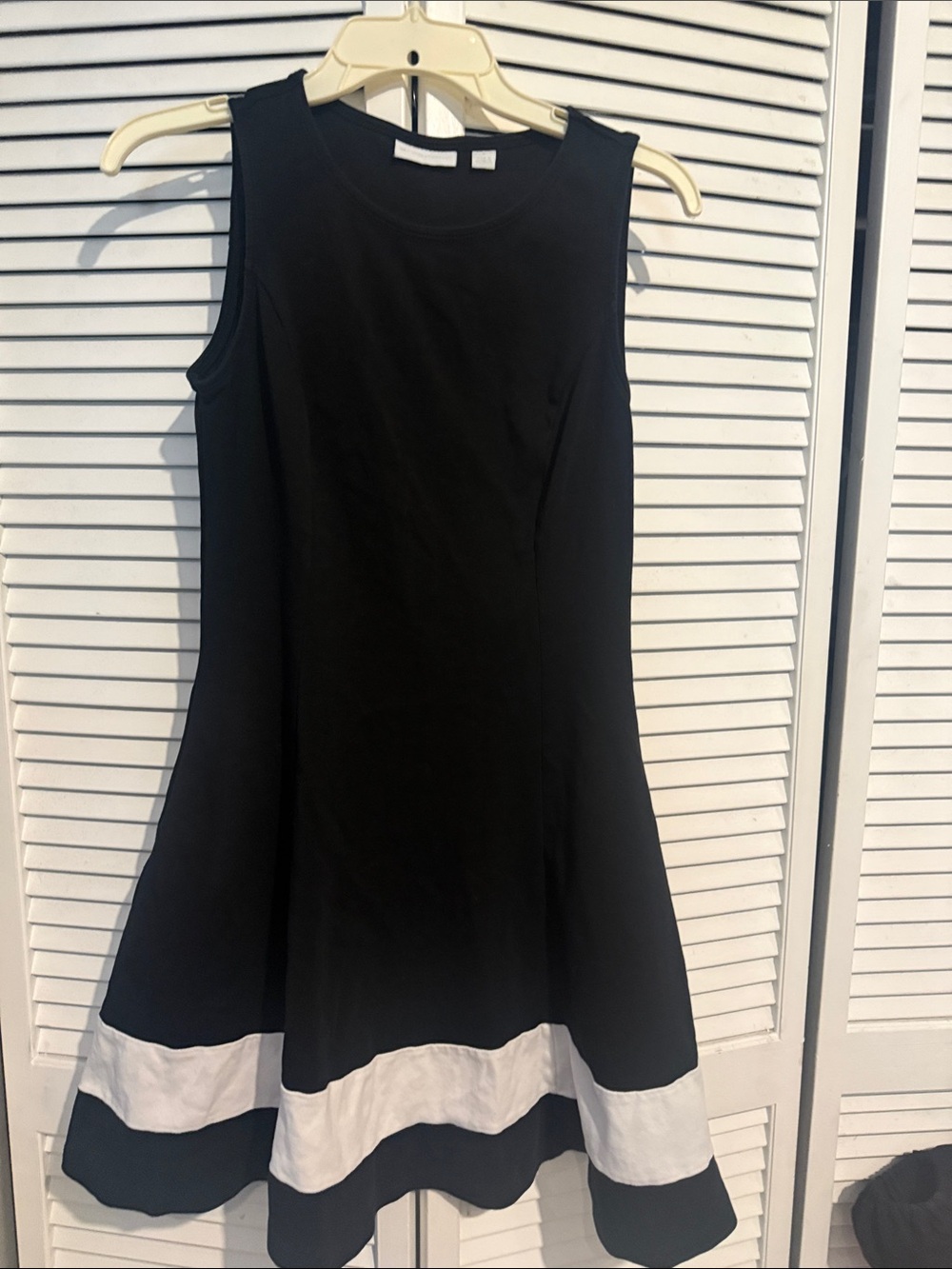 New York & Company Black Sleeveless Fit-and-Flare Dress with White Hem Bands